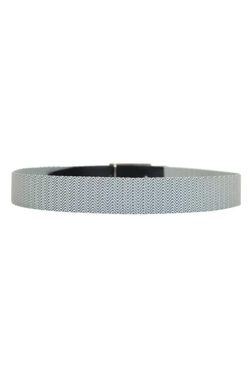 Belt in Blue and white woven cord with wavy stripes and blue leather tip and brushed palladium buckle with debossed H