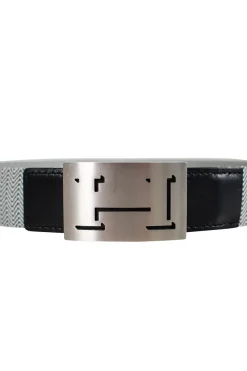 Belt in Blue and white woven cord with wavy stripes and blue leather tip and brushed palladium buckle with debossed H