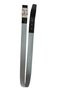 Belt in Blue and white woven cord with wavy stripes and blue leather tip and brushed palladium buckle with debossed H