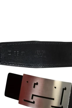 Belt in Blue and white woven cord with wavy stripes and blue leather tip and brushed palladium buckle with debossed H