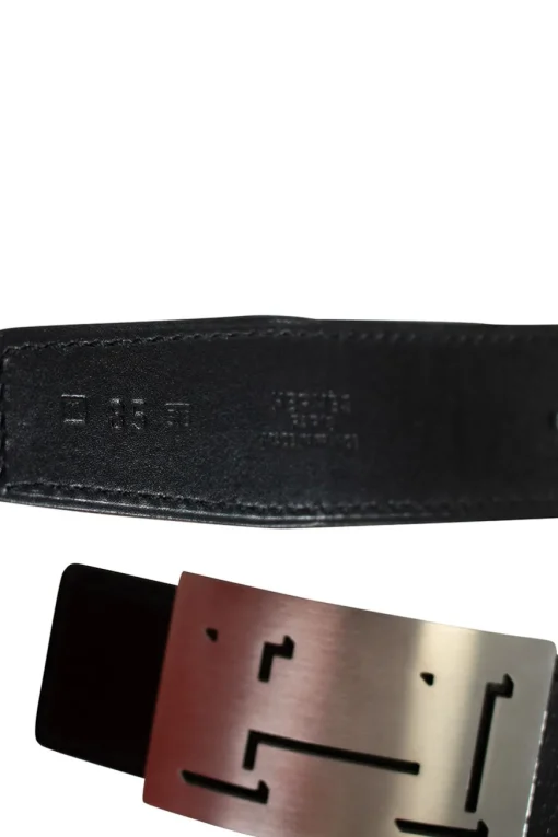 Belt in Blue and white woven cord with wavy stripes and blue leather tip and brushed palladium buckle with debossed H