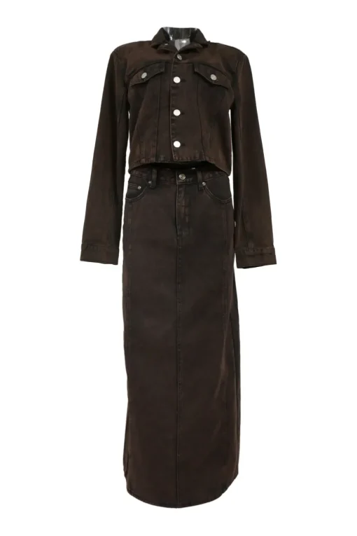Bitter chocolate cotton denim Jamila cropped jacket and maxi skirt two-piece set
