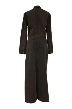 Bitter chocolate cotton denim Jamila cropped jacket and maxi skirt two-piece set