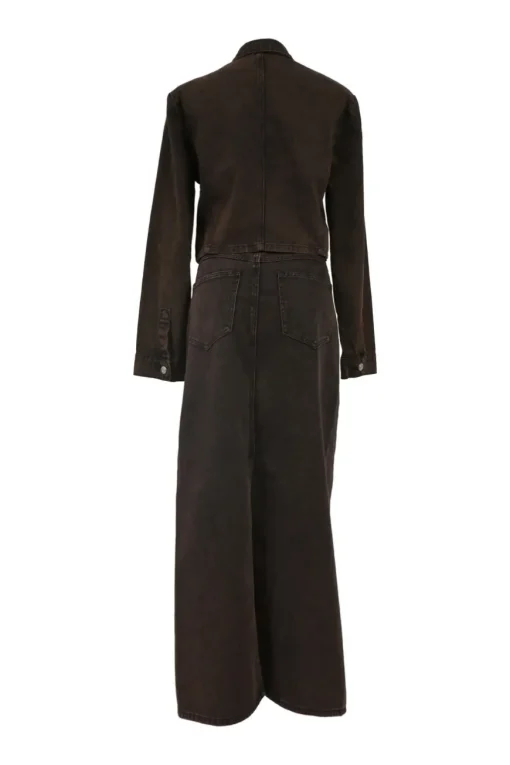 Bitter chocolate cotton denim Jamila cropped jacket and maxi skirt two-piece set