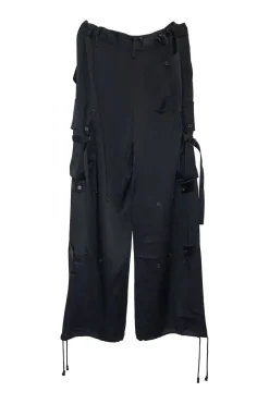 Black acetate-blend pull-on slouchy drawstring cuff cargo pants with adjustable pull and button tabs