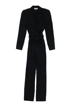 Black acetate-blend wrap-effect Jesalo shawl collar tie-waist tailored jumpsuit with lightly padded shoulders