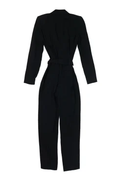 Black acetate-blend wrap-effect Jesalo shawl collar tie-waist tailored jumpsuit with lightly padded shoulders
