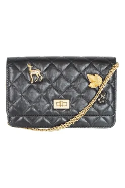 Black aged calfskin 2.55 wallet on chain with deer, leave and mushroom pins