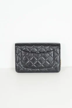 Black aged calfskin 2.55 wallet on chain with deer, leave and mushroom pins