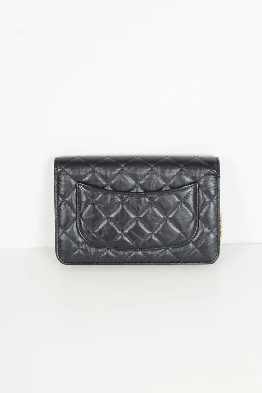 Black aged calfskin 2.55 wallet on chain with deer, leave and mushroom pins