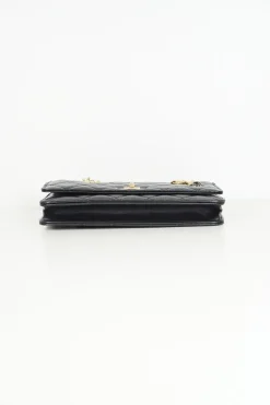 Black aged calfskin 2.55 wallet on chain with deer, leave and mushroom pins