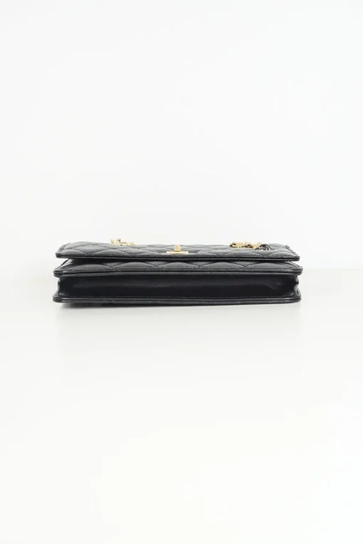 Black aged calfskin 2.55 wallet on chain with deer, leave and mushroom pins