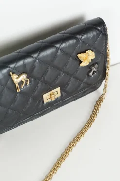 Black aged calfskin 2.55 wallet on chain with deer, leave and mushroom pins