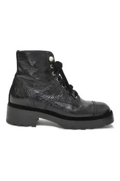 Black aged calfskin lace-up trad sole ankle boots