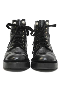 Black aged calfskin lace-up trad sole ankle boots