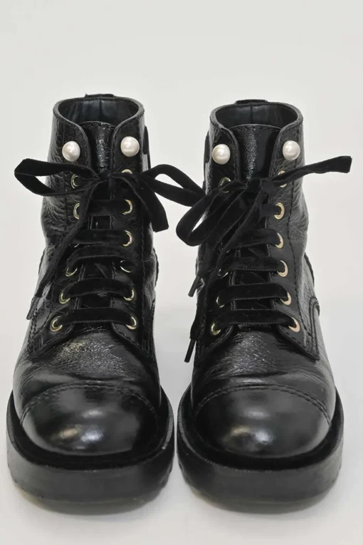 Black aged calfskin lace-up trad sole ankle boots