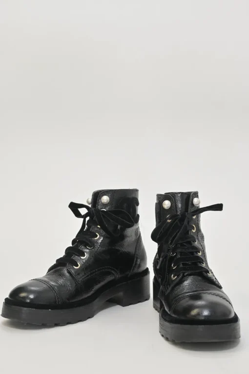Black aged calfskin lace-up trad sole ankle boots