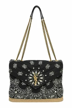 Black and beige fabric-bonded leather and raffia Loulou Bandana flap bag with brass hardware