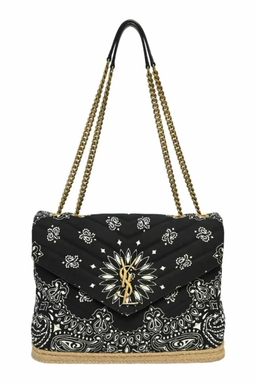Black and beige fabric-bonded leather and raffia Loulou Bandana flap bag with brass hardware