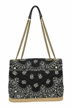 Black and beige fabric-bonded leather and raffia Loulou Bandana flap bag with brass hardware
