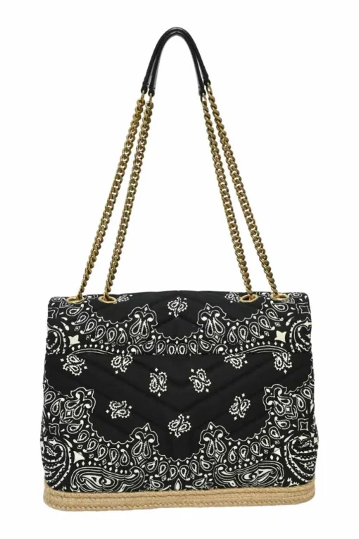 Black and beige fabric-bonded leather and raffia Loulou Bandana flap bag with brass hardware