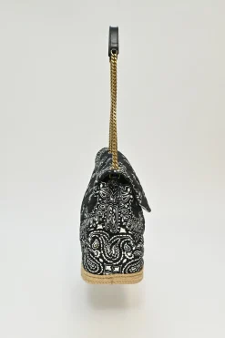 Black and beige fabric-bonded leather and raffia Loulou Bandana flap bag with brass hardware