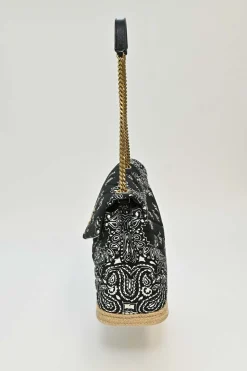 Black and beige fabric-bonded leather and raffia Loulou Bandana flap bag with brass hardware
