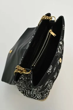 Black and beige fabric-bonded leather and raffia Loulou Bandana flap bag with brass hardware