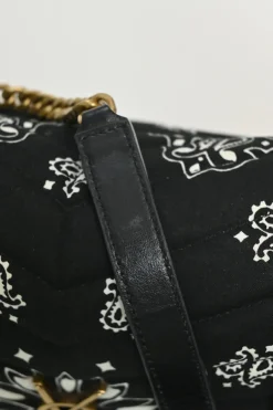 Black and beige fabric-bonded leather and raffia Loulou Bandana flap bag with brass hardware