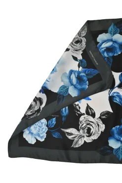 Black and blue silk scarf featuring trademarked floral pattern