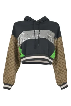 Black and brown cotton mixed- media GG Supreme monogram cropped pullover hoodie