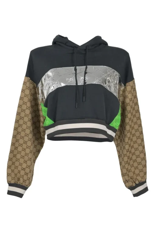 Black and brown cotton mixed- media GG Supreme monogram cropped pullover hoodie