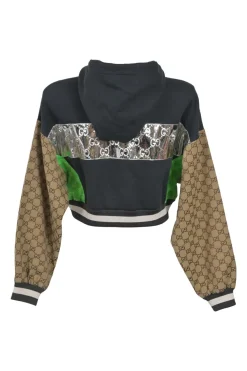 Black and brown cotton mixed- media GG Supreme monogram cropped pullover hoodie