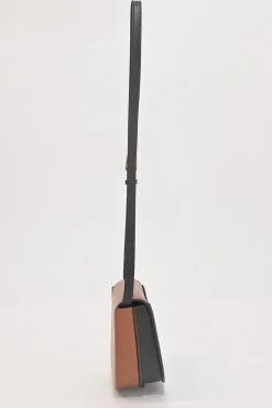 Black and brown leather Heel Duo anagram-embossed shoulder flap bag with adjustable shoulder strap