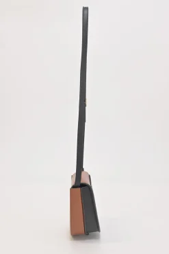 Black and brown leather Heel Duo anagram-embossed shoulder flap bag with adjustable shoulder strap