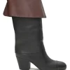 Black and brown leather round-toe foldover block heel mid-calf riding boots