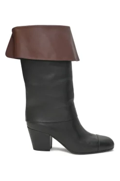 Black and brown leather round-toe foldover block heel mid-calf riding boots