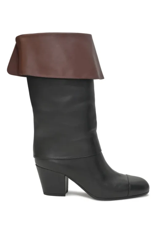 Black and brown leather round-toe foldover block heel mid-calf riding boots