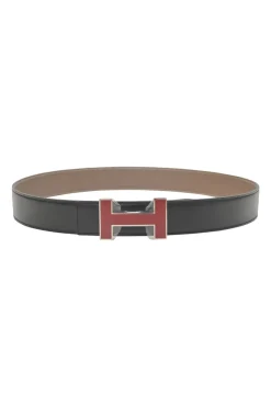 Black and brown leather reversible H buckle belt