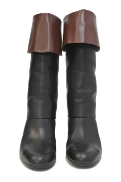Black and brown leather round-toe foldover block heel mid-calf riding boots