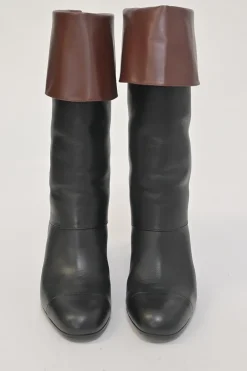 Black and brown leather round-toe foldover block heel mid-calf riding boots