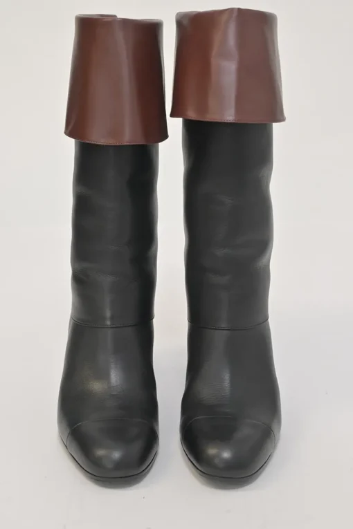 Black and brown leather round-toe foldover block heel mid-calf riding boots