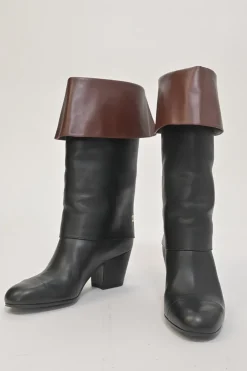 Black and brown leather round-toe foldover block heel mid-calf riding boots