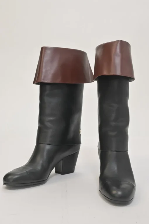Black and brown leather round-toe foldover block heel mid-calf riding boots