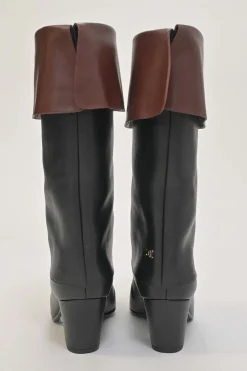 Black and brown leather round-toe foldover block heel mid-calf riding boots