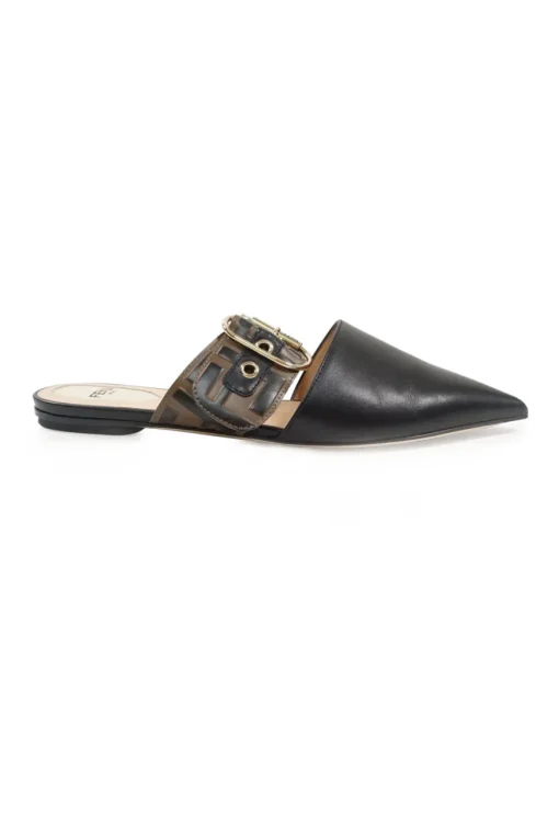 Black and brown polished calfskin slip-on Sabot Vitello FF buckle mules