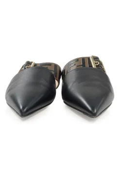 Black and brown polished calfskin slip-on Sabot Vitello FF buckle mules