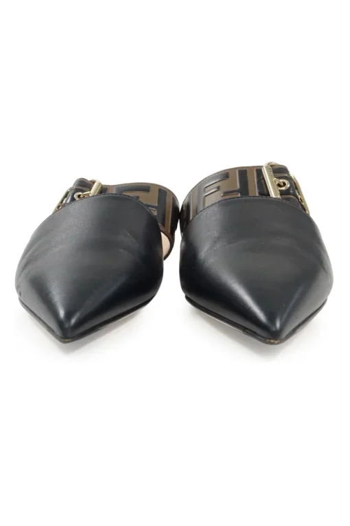 Black and brown polished calfskin slip-on Sabot Vitello FF buckle mules