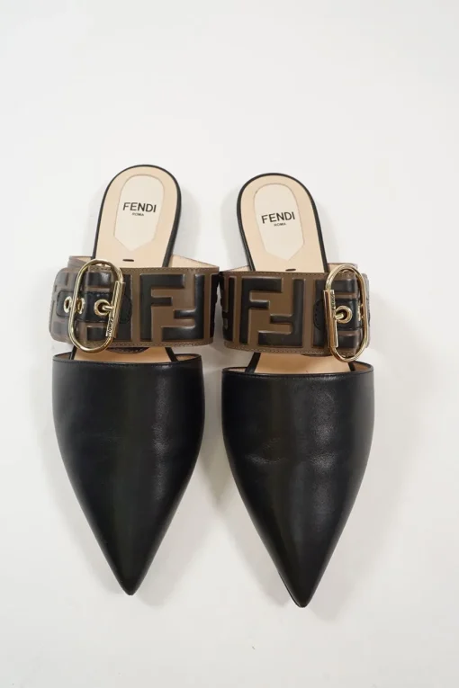 Black and brown polished calfskin slip-on Sabot Vitello FF buckle mules