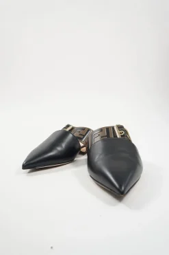 Black and brown polished calfskin slip-on Sabot Vitello FF buckle mules
